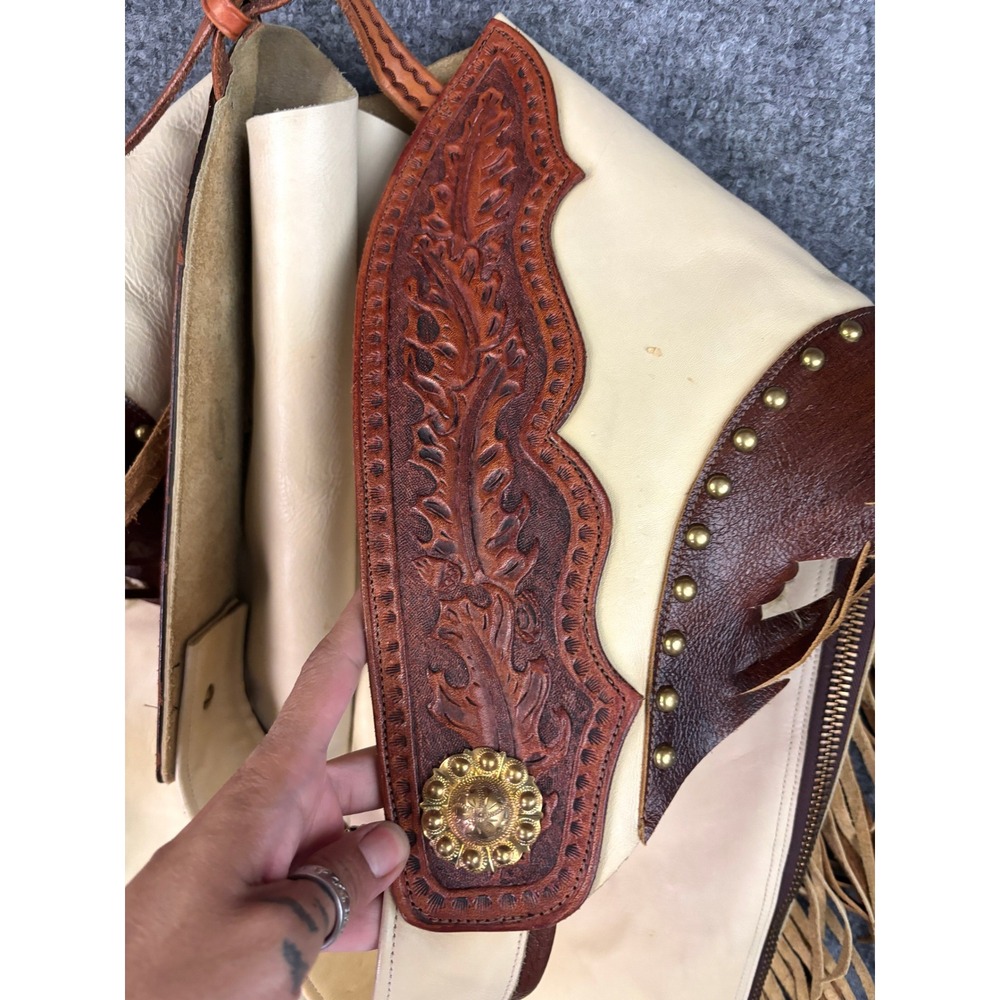 Leather Legends Montana Leather Chaps Fringe Tooled Concho Western Rodeo - Picture 6 of 14